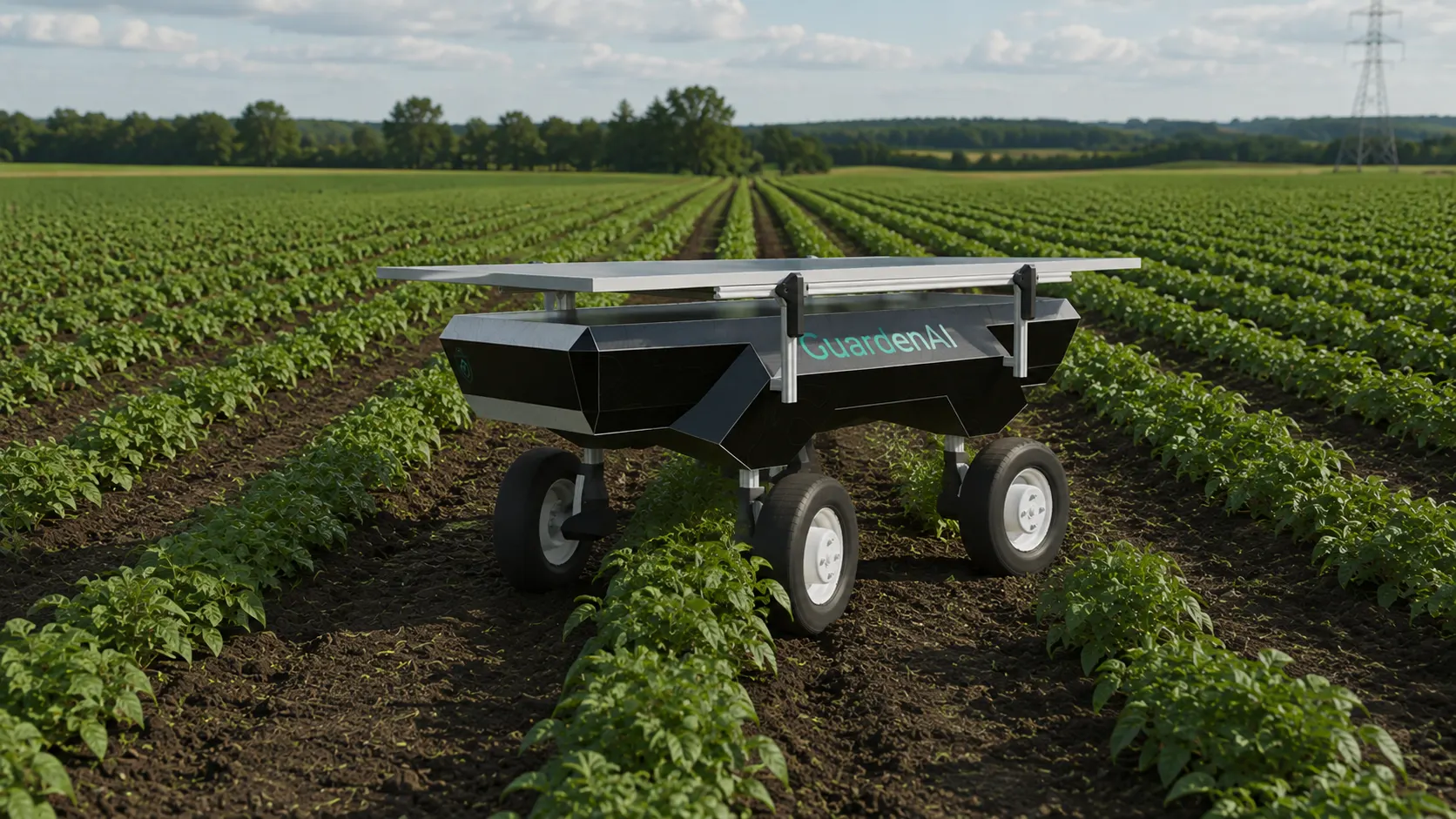 An autonomous crop-protection robot working between healthy crop rows.